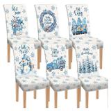 Moukeren 6 Pcs Winter Snowflake Dining Chair Covers Removable Washable Stretch Slipcovers Blue and White Chair Covers for Hello Winter Holiday Restaurant Farmhouse Kitchen Hotel Decor Supplies