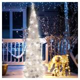 5FT Pop up Christmas Tree for Indoor Decoration Pre-lit Mini Christmas Tree with 60 Lights, Silver White Artificial Pencil Tree Collapsible Tinsel Lighted up with Snowflake Glitter