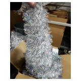 5FT Pop up Christmas Tree for Indoor Decoration Pre-lit Mini Christmas Tree with 60 Lights, Silver White Artificial Pencil Tree Collapsible Tinsel Lighted up with Snowflake Glitter