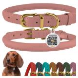 BronzeDog Rolled Leather Dog Collar with QR ID Tag, Adjustable Soft Round Collars for Small Medium Large Dogs Puppy (7 - 10 Neck Size, Blush)