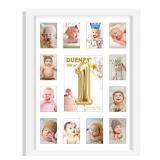 DUENPY 12x16 My First Year Picture Frame Displays One 5x7 inch and Twelve 2x3 inch Small Photo Collage Wall Hanging or Tabletop New Mom Gift and Baby Picture Frame White