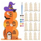 DoubleFill 12 Pack Halloween Painting Castle Crafts Kits for Kids DIY Pumpkin Craft Wood Unfinished Pumpkin Art for Fall Halloween Party Decoration