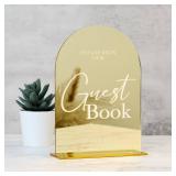 Acrylic Wedding Sign with Stand- 5x7 Gold Mirror Arched Guest Book Signs and Base,1/8 Thick | Modern Calligraphy White Lettering Gold Arch Acrylic Table Sign for Wedding Reception & Party