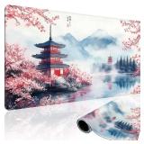 Mcapirivo Japanese Cherry Blossom Large Gaming Mouse Pad 31.5x15.7 Mount Fuji Art XXL Desk Mat, Non-Slip Rubber Base & Stitched Edges - Extended Waterproof Mousepad for PC/Laptop/Office/Home Decor