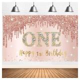 Happy 1st Birthday Banner & Backdrop Decorations for Girls - Rose Gold 1 Year Old Party Sign Supplies, Pink One Birthday Poster Background Photo Booth Props Decor