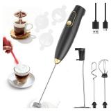 Rechargeable Milk Frother Wand with Stand, Electric Handheld Coffee Frother with 3 Detachable Whisks, Travel Milk Foamer for Protein Powder, Drinks, Espumador de Leche Electrico Black