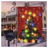 FLAGMESAGE Solar LED Christmas Tree Flag, Lighted 12x18 Double Sided Merry Christmas Flag for Outdoor Yard Garden Lawn House Decoration