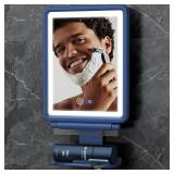 Heated Shower Mirror Fogless for Shaving, 3 Colors Stepless Dimmable Lights Fogless Mirror for Shower, Rechargeable Anti Fog Shaving Mirror with Razor Holder for Men, Light Memory Function, Blue