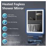 Heated Shower Mirror Fogless for Shaving, 3 Colors Stepless Dimmable Lights Fogless Mirror for Shower, Rechargeable Anti Fog Shaving Mirror with Razor Holder for Men, Light Memory Function, Blue
