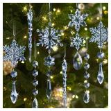 18pcs Crystal Christmas Ornaments for Christmas Tree Decorations- Light Blue Hanging Acrylic Snowflake and Icicle Ornaments with Drop Pendants for New Year Party Decorations Supplies