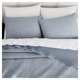 WDCOZY Chambray Pick Stitch Queen Size Quilt Set, Denim Blue Striped Lightweight Soft Summer Spring Bedspread, Bamboo Linen Like Textured Coverlet, Farmhouse Country Rustic Bedding, Thin Comforter
