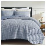 WDCOZY Chambray Pick Stitch Queen Size Quilt Set, Denim Blue Striped Lightweight Soft Summer Spring Bedspread, Bamboo Linen Like Textured Coverlet, Farmhouse Country Rustic Bedding, Thin Comforter