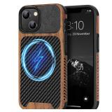 TENDLIN Magnetic Case Compatible with iPhone 14 Case Wood Grain with Carbon Fiber Texture Design Leather Hybrid Slim Cover (Compatible with MagSafe) Black