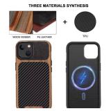 TENDLIN Magnetic Case Compatible with iPhone 14 Case Wood Grain with Carbon Fiber Texture Design Leather Hybrid Slim Cover (Compatible with MagSafe) Black