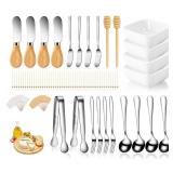 Charcuterie Board Accessories With 3 Oz Ceramic Dip Bowls, Wooden Handle Silver Cheese Spreader Butter Knive Set Kit, Mini Tongs, Spoons, Forks,Honey Dipper, Cocktail Picks