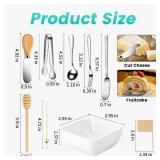 Charcuterie Board Accessories With 3 Oz Ceramic Dip Bowls, Wooden Handle Silver Cheese Spreader Butter Knive Set Kit, Mini Tongs, Spoons, Forks,Honey Dipper, Cocktail Picks