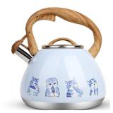 Tea Kettle, Toptier Teapot Whistling Kettle with Wood Pattern Handle Loud Whistle, Food Grade Stainless Steel Tea Pot for Stovetops Induction Water Kettle, 2.7-Quart Blue Cat