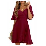 Dokotoo Womens Summer Wrap V Neck Short Flared Sleeve Smocked Elastic Waist Tiered Belted Ruffle Hem Mini Dress Wedding Guest Dresses for Women Ruby M