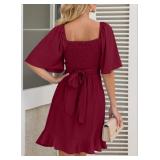 Dokotoo Womens Summer Wrap V Neck Short Flared Sleeve Smocked Elastic Waist Tiered Belted Ruffle Hem Mini Dress Wedding Guest Dresses for Women Ruby M