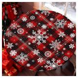 Yesad Round Table Cover for Round Tables 36-70, Fitted Tablecloth with Elastic for Indoor Outdoor Party Holiday, 36inch, Christmas Checker and Snow