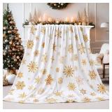 Christmas Throw Blanket Ultra Soft Snowflake Bed Blanket Xmas Flannel Fleece Blankets Ideal Gift Holiday Bed Blanket Lightweight Warm Cozy Fuzzy Plush Cabin Throw for Sofa Couch, Golden, 60 X 80