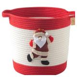 HomeyPine Christmas Basket with Santa Claus Doll, Woven Cotton Rope Christmas Storage Basket with Handles, Christmas Toy Baskets for Baby Towels, Diapers, Pet Toy Storage Basket, Red
