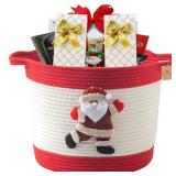 HomeyPine Christmas Basket with Santa Claus Doll, Woven Cotton Rope Christmas Storage Basket with Handles, Christmas Toy Baskets for Baby Towels, Diapers, Pet Toy Storage Basket, Red