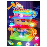 2-in-1 Rolling Ball & Car Ramp Race Track for Toddlers, Hammer Ball Drop Toy for Boys & Girls, Interactive Toys w/Sensor Lights - Montessori STEM Learning Toys - Brithday Gift for Kids 1-5+ Year Old