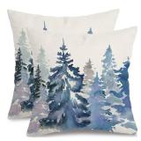 AACORS Christmas Winter Pillow Cover 20x20 Inch Set of 2,Watercolor Teal Tree Snowflake Decoration Holiday Farmhouse Pillow Case Nature Forest Decor for Home Sofa Couch (Blue) AK001-20