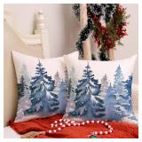 AACORS Christmas Winter Pillow Cover 20x20 Inch Set of 2,Watercolor Teal Tree Snowflake Decoration Holiday Farmhouse Pillow Case Nature Forest Decor for Home Sofa Couch (Blue) AK001-20