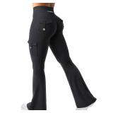 YEOREO CoreFlex Women Workout Flare Leggings with Pockets Hidden Scrunch Cargo Gym Yoga No Front Seam Leggings Black M