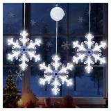 LHYLDS Christmas Decorations 3Pcs White Snowflake Window Lights with Suction Cup Battery Operated Christmas Lights, Hanging Lighted Xmas Window Decoration Indoor Outdoor Xmas Tree Home Decor