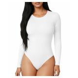 MANGOPOP Round Neck Long Sleeve Bodysuits for Women Basic Body Suit Shirts Tops White XS