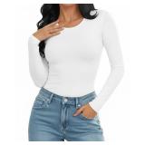 MANGOPOP Round Neck Long Sleeve Bodysuits for Women Basic Body Suit Shirts Tops White XS