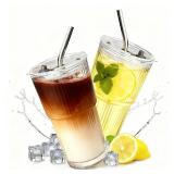 1 Pack Ribbed Glass Tumbler with Lid and Straw 16 oz Cute Ice Coffee Cup Set for Smoothie Juice Matcha Tea Latte Cappuccino Espresso Hot Coffe Water Reusable Clear Travel Mug Aesthetic Drinking Mug