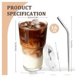 1 Pack Ribbed Glass Tumbler with Lid and Straw 16 oz Cute Ice Coffee Cup Set for Smoothie Juice Matcha Tea Latte Cappuccino Espresso Hot Coffe Water Reusable Clear Travel Mug Aesthetic Drinking Mug