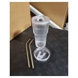 1 Pack Ribbed Glass Tumbler with Lid and Straw 16 oz Cute Ice Coffee Cup Set for Smoothie Juice Matcha Tea Latte Cappuccino Espresso Hot Coffe Water Reusable Clear Travel Mug Aesthetic Drinking Mug