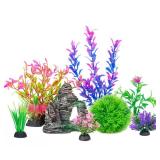 Ameliade Aquarium Artificial Plastic Plants Decorations and Rock Cave Decor Set Goldfish Betta Fish Tank Accessories Small Large Fish Bowl Ornaments