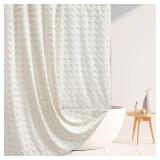 Extra Long Boho Cream Shower Curtain Woven Fabric Ivory Shower Curtain, 72 x 96 Tufted Pleat Floral Puffs Textured Modern Farmhouse Minimalist Ivory Shower Curtain Set with Hooks for Bathroom