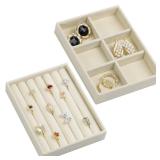 Fordonral Velvet Jewelry Organizer Box, Jewelry Drawer Organizers Trays, Earring Ring Necklace Holder Display Case (Beige, Ring+6 Grid Trays)