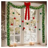 Riceshoot Christmas Window Decorations 9ft Christmas Garland Ornaments with Xmas Balls Silver Curling Ribbon Lights and Large Red Bows for Home Kitchen Window Decor Garden Holiday Party Decorations