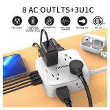 6 Ft Surge Protector Power Strip - 8 Widely Outlets with 4 USB Ports, 3 Side Outlet Extender with 6 Feet Extension Cord, Flat Plug, Wall Mount, Desk USB Charging Station, ETL,White