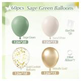 Sage green Balloons, 60pcs 12inch Sage green Sand White Metallic Gold Confetti Balloons for Boho Birthday Wedding Bridal Baby Shower Engagement Party Decorations