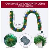WEMADE 15.4ft Pre-Lit Christmas Garland with Lights 50 LED Lighted Garlands for Christmas Decorations Indoor Outdoor, Battery Operated 8 Modes Memory Timer for Mantel Stair Banister Doorframe Decor