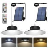 T-SUN Solar Pendant Light Outdoor, 2 Pack Solar Shed Lights Indoor with Remote Control, IP65 Waterproof Shop Light, 3000K/4000K/6000K, Perfect for Barn Chicken Coop Garage Courtyard Balcony