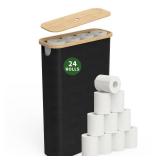 WZKALY Toilet Paper Basket 48L, Toilet Paper Storage with Lid for up to 18-24 Rolls, Waterproof Bathroom Storage Organizer Bin Container with Bamboo Lid, Non-Slip Bottom (Black)