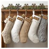 Christmas Stockings: 5 Pack 18 inch Farmhouse Plush Faux Fur & Cable Knitted Fireplace Xmas Stockings, Hanging Gifts Cozy Personalized Stocking Decorations for Family Holiday Decor, White Gray Bei