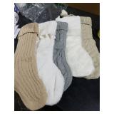 Christmas Stockings: 5 Pack 18 inch Farmhouse Plush Faux Fur & Cable Knitted Fireplace Xmas Stockings, Hanging Gifts Cozy Personalized Stocking Decorations for Family Holiday Decor, White Gray Bei