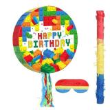 Jexine Birthday Block Pinata Set Birthday Building Pinata with Blindfold, Bat, Stick Blocks Party Supplies for Carnival Fiesta Party Supplies Event Decoration