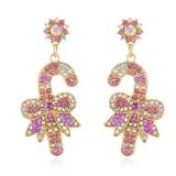 Christmas Bow Cane Dangle Earrings for Women Holiday Earrings Pink Xmas Rhinestone Bow Cane Drop Earrings Christmas Festival Jewelry Gift